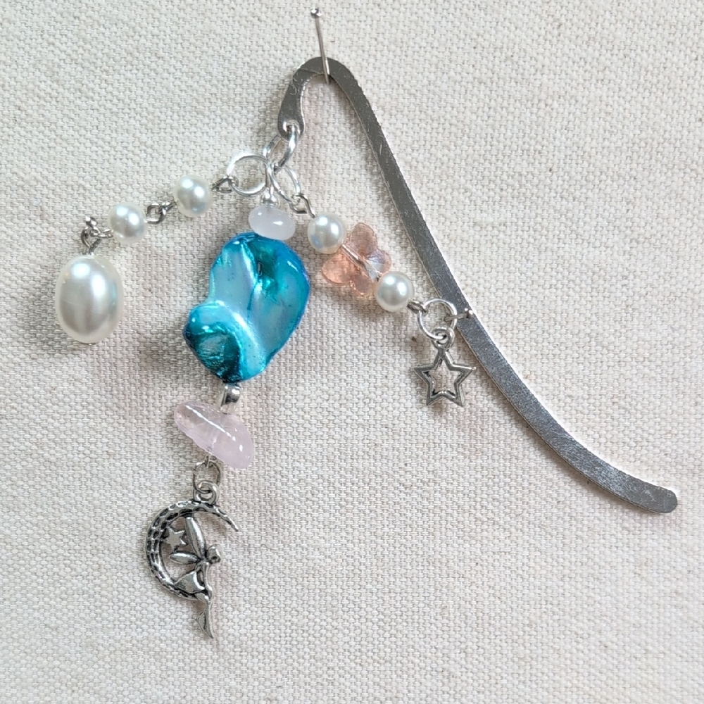 Handmade Fairy Bookmark Blue Shell, Rose Quartz & Glass Pearl Charms
